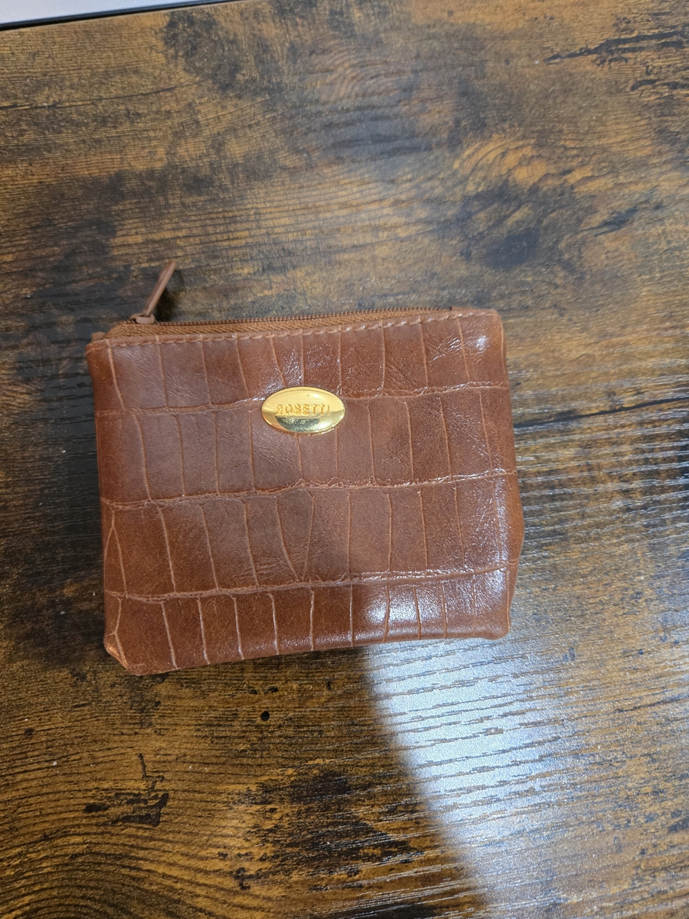 Rosetti Cognac Brown Faux Crocodile Embossed Zippered Coin Pouch Mini Wallet
